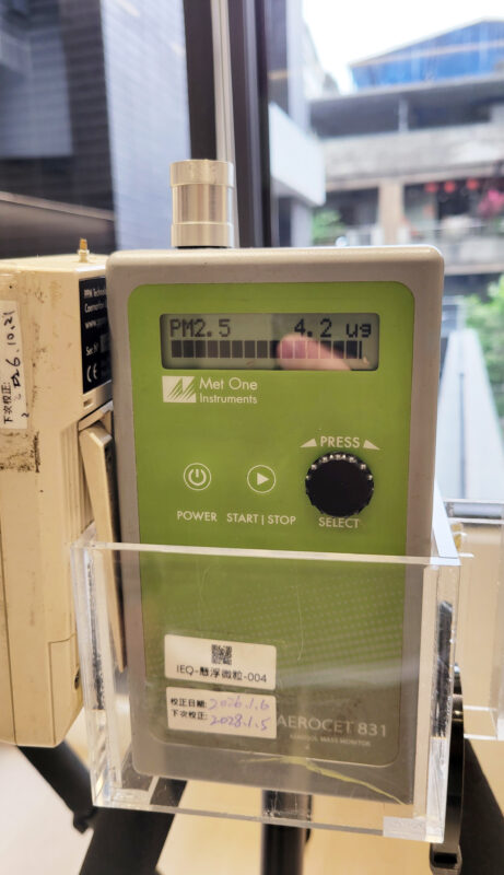 PM2.5檢測儀架設在窗邊，螢幕顯示讀數4.2 µg/m³